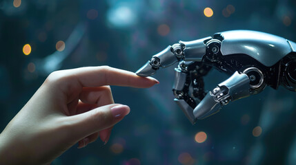 A human hand and a robotic hand reach towards each other, fingertips almost touching, in a dark setting with soft bokeh lights in the background - obrazy, fototapety, plakaty