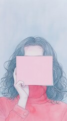 illustration of a woman holding up a pink sheet of paper, f fashion-illustration, white and pink