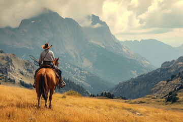 A horse wrangler riding solo on horse in mountains - obrazy, fototapety, plakaty