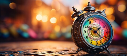 Psychedelic abstract background with alarm clock, free copy space for text or design