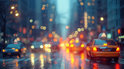 Defocused background with bokeh of New York street, dusk, evening street with taxis, cars and lit lights - obrazy, fototapety, plakaty
