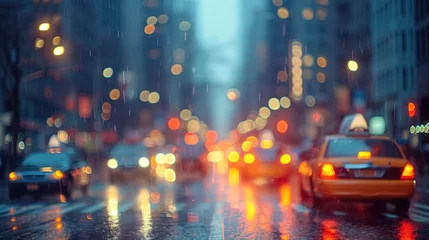 Tableaux ronds sur plexiglas Anti-reflet TAXI de new york Defocused background with bokeh of New York street, dusk, evening street with taxis, cars and lit lights