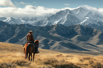 A horse wrangler riding solo on horse in mountains