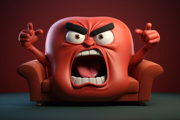 Illustration of screaming and indignant cushion on armchair, red pillow shows its resentment with gestures and emotions as cartoon character, angry expression on its face