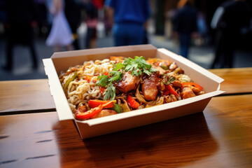 Chinese noodles with chicken and vegetables in cardboard box on table in street eatery, concept...