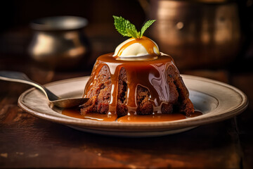 Delight your senses with the irresistible allure of sticky toffee pudding, impeccably presented on a rustic wooden table. A delectable treat to savor.