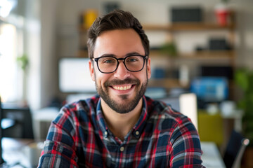 Obraz premium Software Developement Concept: A male software developer in his modern tech office, smiling confidently