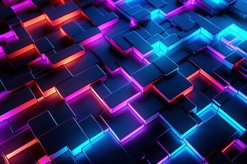 3d abstract background with blue and pink glowing cubes, 3d render, Ai Generated