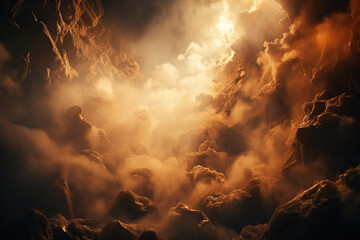 Background with huge clouds of dust, smoke in the rocks in warm light. Generated by artificial intelligence