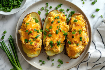 Three whole baked potatoes in jacket stuffed with chicken, green onions and cheddar cheese flat lay on plate on white background