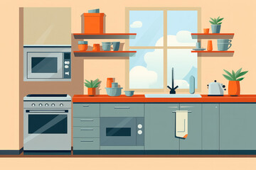 Grey and orange kitchen interior with counter, cabinets and household appliances in flat lay vector style