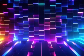 3d render, abstract background with glowing cubes, neon lights, Ai Generated