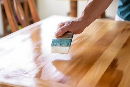 Apply clear wood stain on table with brush