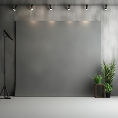 Black and grey studio background with spotlights and plants