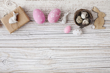 easter eggs on rustic wooden background - 711890182