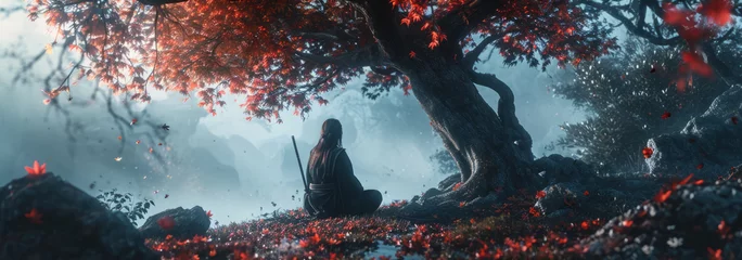Foto op Canvas Illustration of a Japanese samurai woman meditating under a tree © CaptainMCity