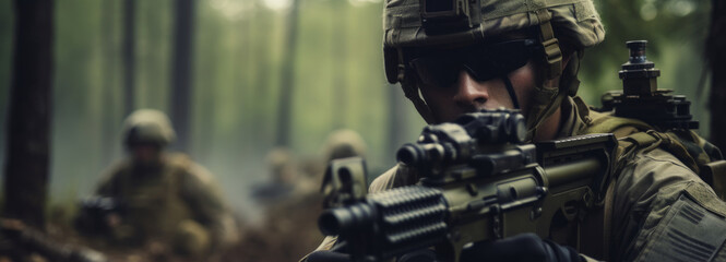 Close-up portrait of a soldier with a weapon during a military operation - obrazy, fototapety, plakaty