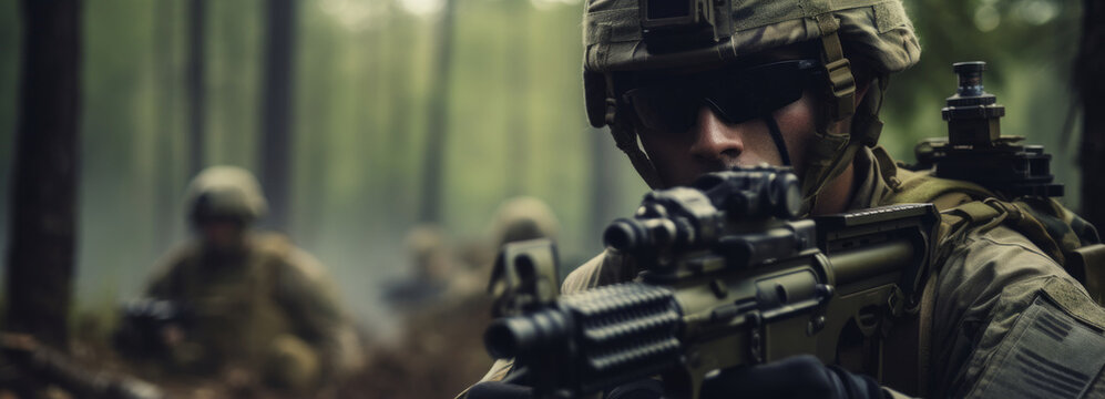 Close-up portrait of a soldier with a weapon during a military operation