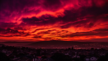 Fototapeta premium Silhouette of mountain range against purple and orange sunset sky generated by AI