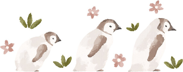 Cute penguins walking in line hand drawn illustration. Penguins and flowers artwork
- 711890925