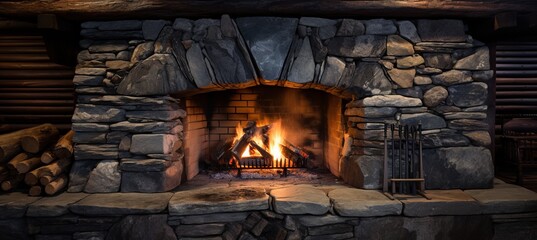 Rustic charm close up of a beautiful stone fireplace in a cozy log cabin with a blazing fire