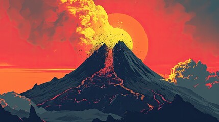 As the fiery eruption paints the sky with vibrant hues, the mighty volcano awakens from its slumber, spewing molten lava from its towering shield and stratovolcanoes, while a serene landscape of moun