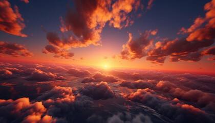 Vibrant sunset sky, nature beauty, tranquil scene, high up generated by AI