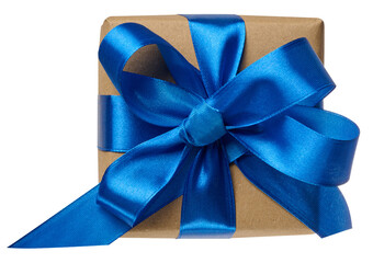 Box is wrapped in brown paper and blue ribbon on a white isolated background