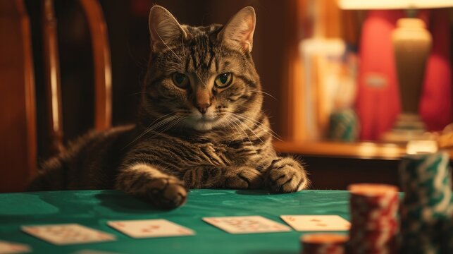 A regal feline lounges atop a table, observing the world with its mesmerizing whiskers as it awaits its next move in the game of life