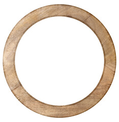 Empty oak round frame for photos and drawings on isolated background