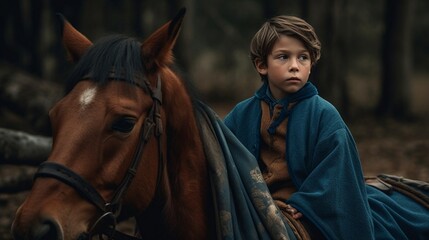 A boy sitting on a brown horse