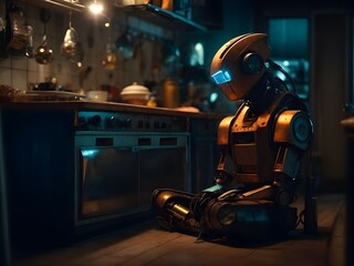 Roboter sitzt abends einsam in der Küche