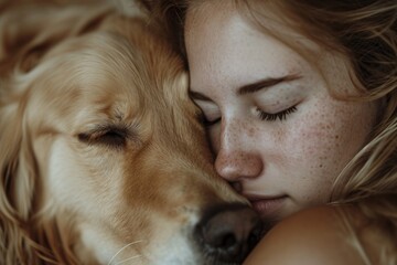 A woman with freckles leans in to give a loving kiss to her loyal golden retriever, their bond reflecting in the warm sunlight on their matching speckled skin