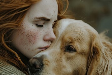 A warm embrace between a freckled woman and her beloved dog, their bond evident in the tender kiss shared as they bask in the sun outdoors