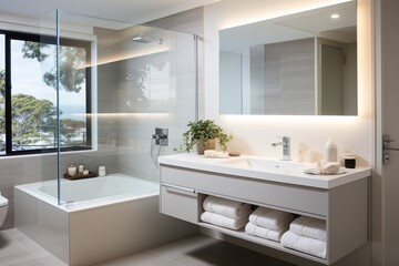 Modern bathroom interior with large window and bathtub