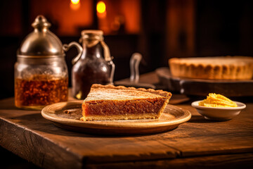 Treat yourself to the nostalgic flavor of treacle tart, beautifully served on a wooden table. This classic dessert captures the essence of sweet indulgence.