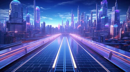 Fototapeta premium Futuristic Neon way to a Modern City, Ai Generated