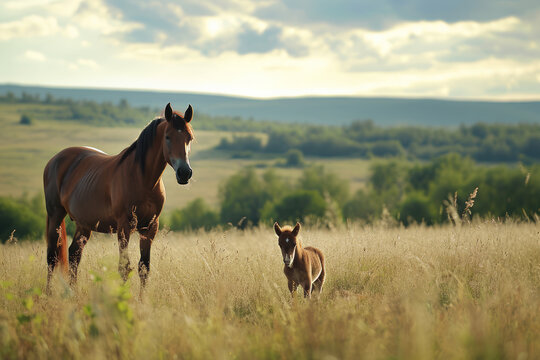 A foal with a mare on a summer pasture in a rural landscape