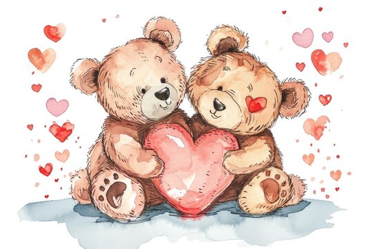 recommend clip art: Two adorable teddy bears hold a heart in a whimsical, hand-drawn illustration that captures the essence of love and innocence