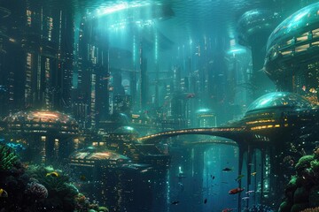 A submerged metropolis teeming with architectural wonders and aquatic life, a mesmerizing fusion of urban and marine worlds