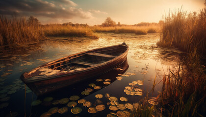 Tranquil sunset reflects on abandoned rowboat in serene rural pond generated by AI