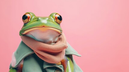 Green frog on the pastel background. 29 february leap year day concept