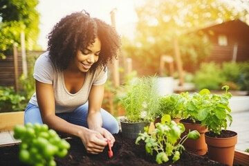 Smiling woman tenderly planting herbs in her sunlit garden, the joy of urban gardening