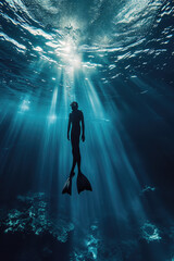 Underwater photo of freediver ascending to sea surface