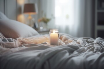 Fototapeta na wymiar A serene bedroom setting featuring a single lit candle placed on the bed, creating a warm and inviting ambiance, emphasizing relaxation and tranquility in home comfort