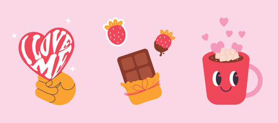 Cute sweets Valentines Day card set with heart and other elements. For website banner, Sale, Valentine card, cover, flyer or poster trendy vector illustration. Retro style, self love