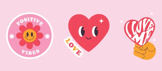 Muurstickers Cute Valentines Day card set with heart and other elements. For website banner, Sale, Valentine card, cover, flyer or poster trendy vector illustration. Retro style, self love © m_matvi