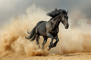 Obraz na płótnie Canvas Black horse run gallop in dust desert