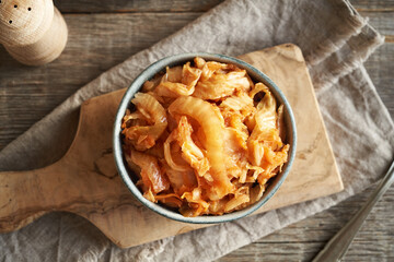 Fermented kim chi in a bowl, top view