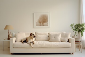 Sofa and a dog lying on it. Interior details.